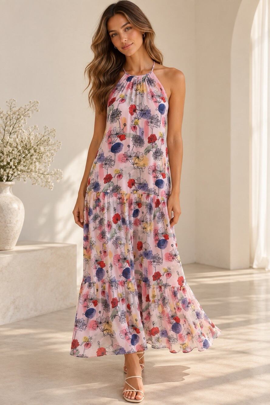 NSR Napean Sea Rd Floral Maxi Dress XL Pink Halter Tiered Boho NWT Garden Party